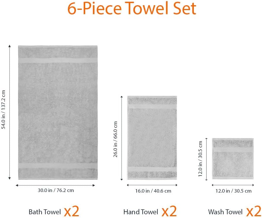 Amazon Basics 6-Piece Fade-Resistant 100% Cotton Towel Set for Bathroom, Soft and Absorbent, 2 Bath Towels, 2 Hand Towels, 2 Washcloths, Gray