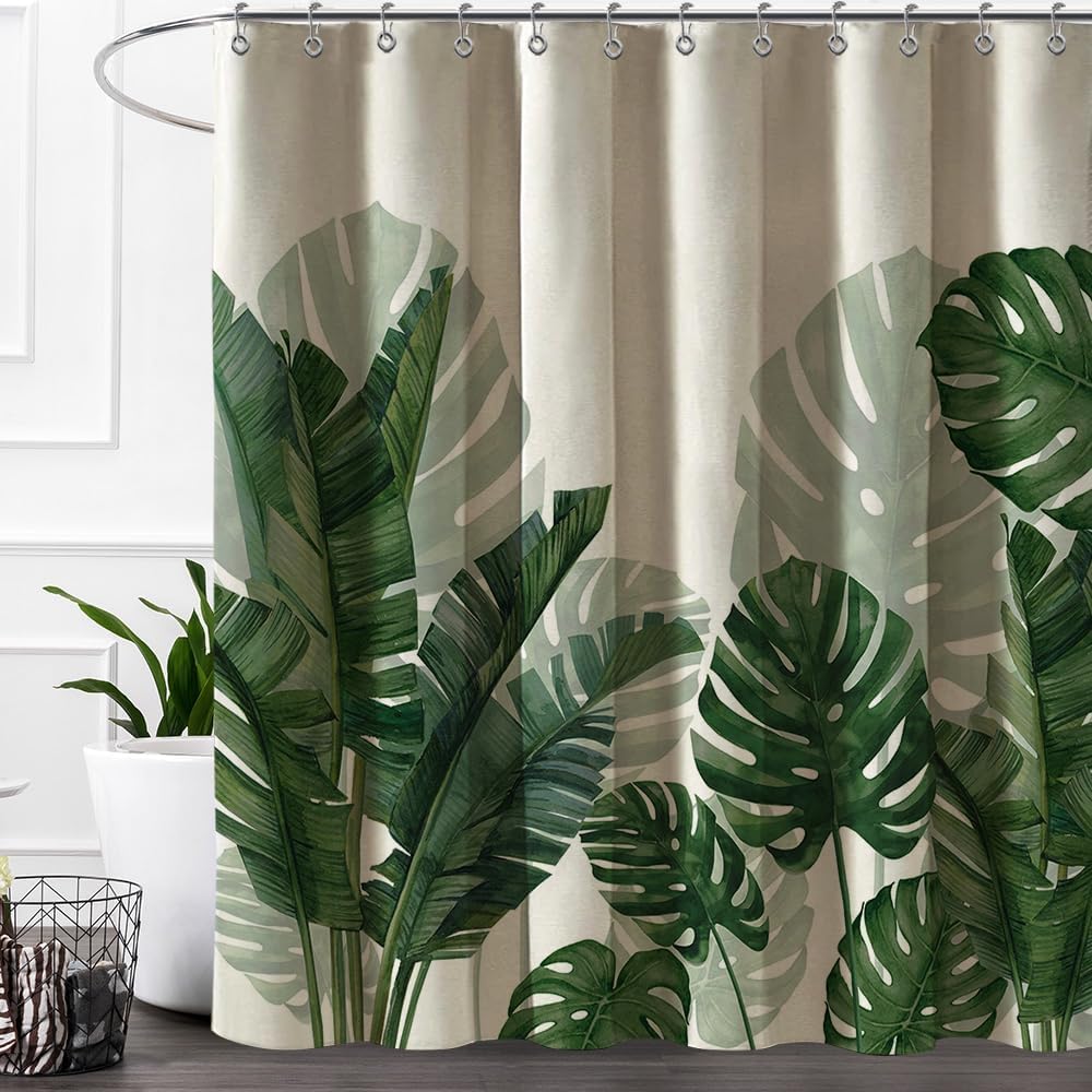 Baccessor Linen Shower Curtain Tropical Green Leaf Shower Curtains Botanical Banana Monstera Leaf Palm Tree Water Repellent Heavy Duty Fabric Cloth Shower Curtain for Bathtubs Hotel 72 W X 72 L Inch