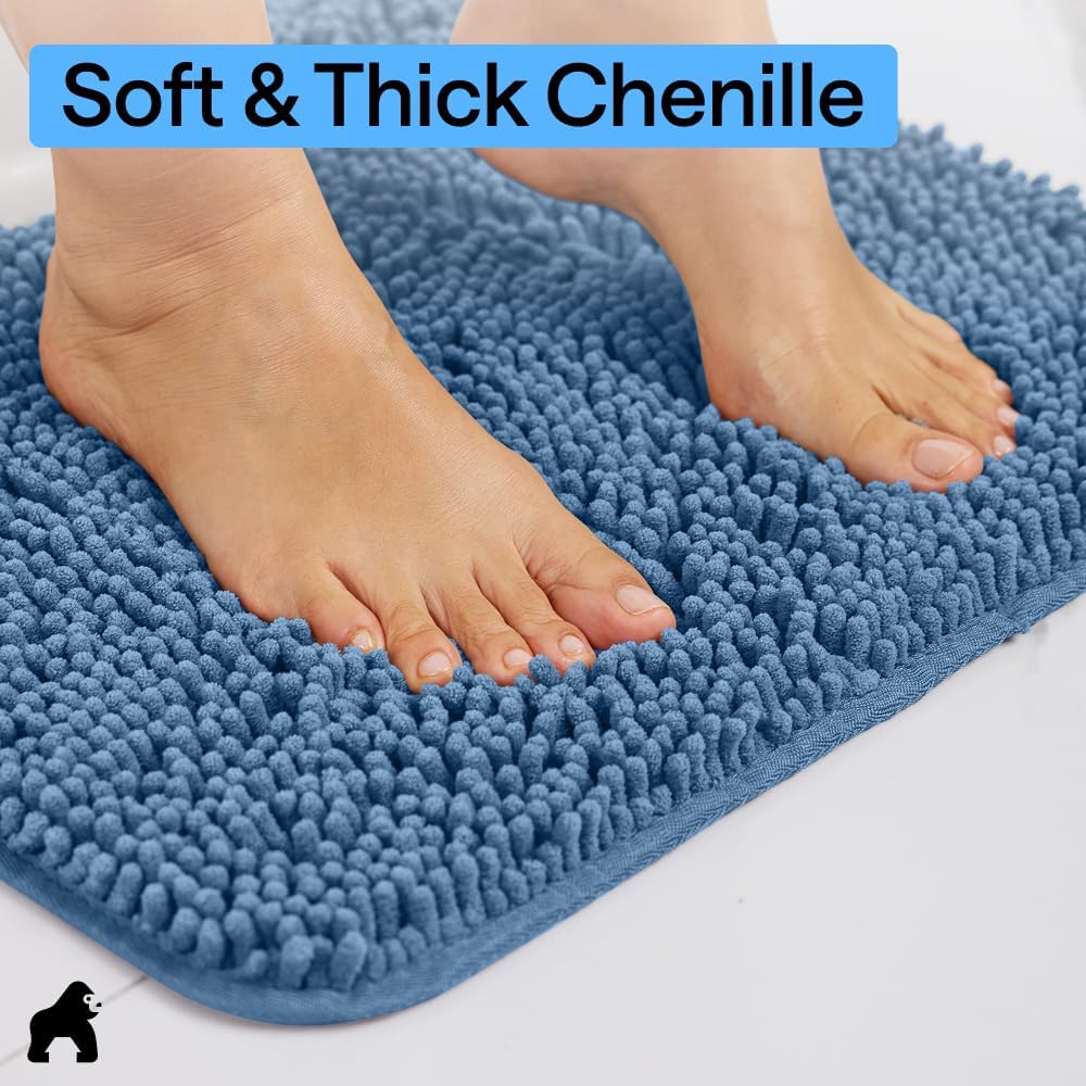 GORILLA GRIP Bath Rug Mat for Bathroom, Absorbent Chenille, 24x17 Blue