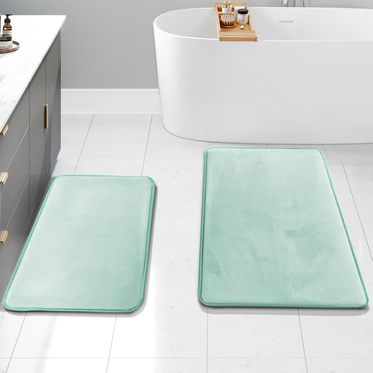 Clara Clark 3 Piece Bathroom Rugs Bath Mat Set, Velvet Memory Foam Bath Mats for Bathroom - Non-Slip, PVC Backing Bath Rugs, Washable - Dries Quickly, Green