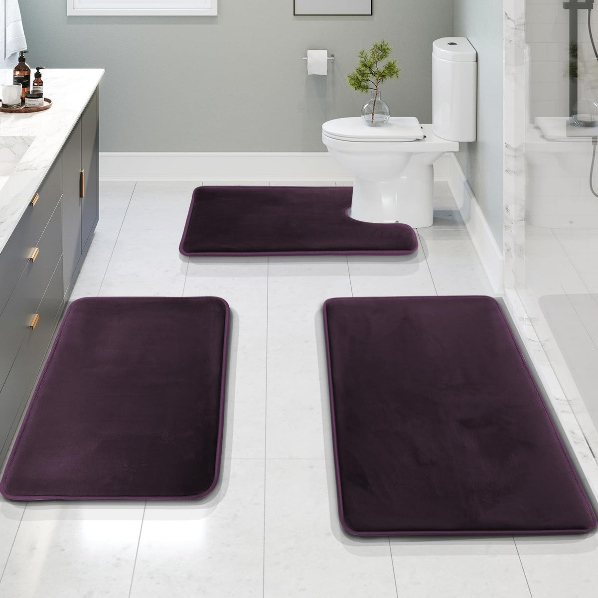 Clara Clark 3 Piece Bathroom Rugs Bath Mat Set, Velvet Memory Foam Bath Mats for Bathroom - Non-Slip, PVC Backing Bath Rugs, Washable - Dries Quickly, Green