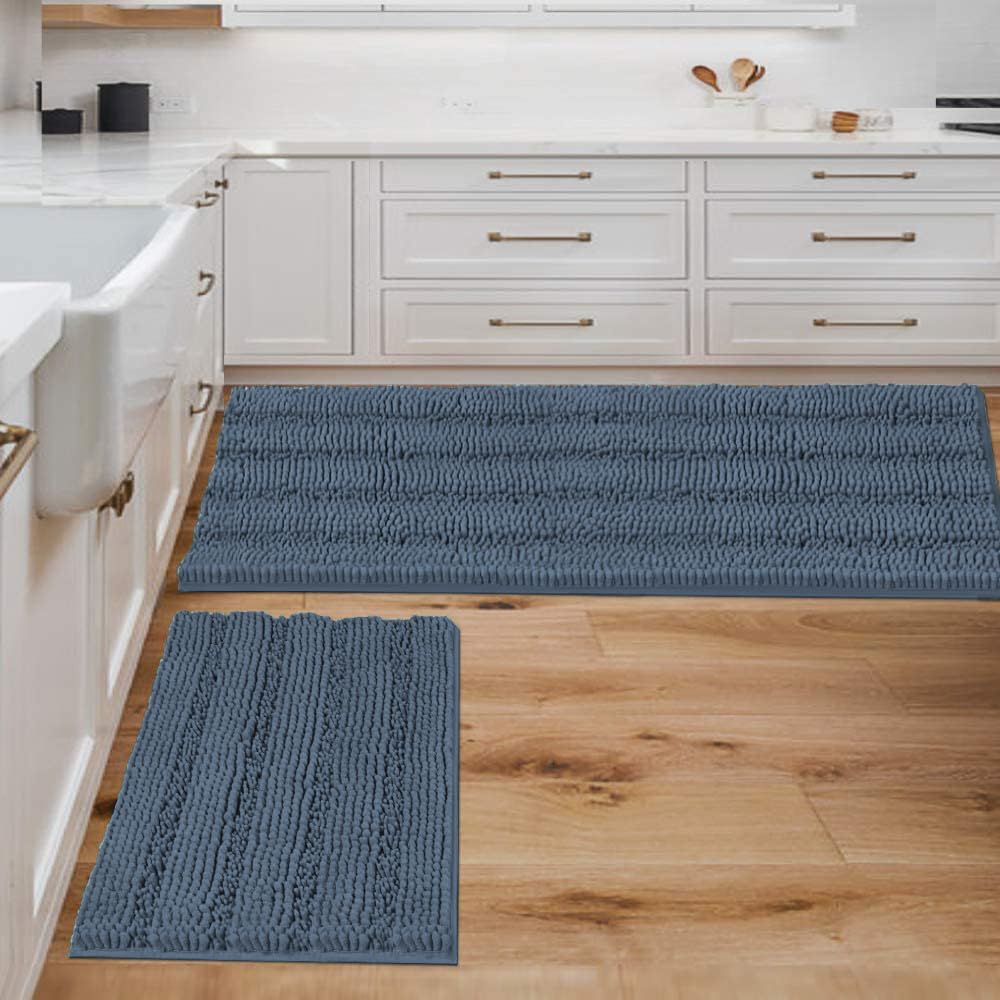 H.VERSAILTEX Sage Bathroom Rugs, Bath Mat Set of 2 Extra Thick Chenille Striped Pattern Shaggy Bath Rugs for Bath Room, Non Skid Bath Mats for Bathroom Floor (32 x 20 Plus 24 x 17 - Inches)
