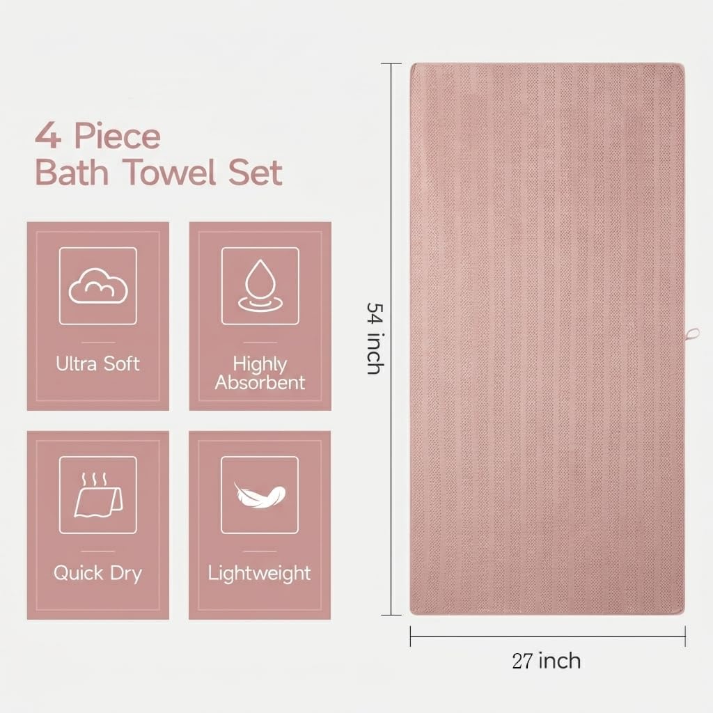 4 Pack Microfiber Bath Towels Set,Soft and Super Absorbent Bath Towel, Quick Dry Large Towels for Bathroom, Spa,Swinming Pool Party,Gym 54 x 27 in Multicolor（Blue、Pink、Off White、Grey）