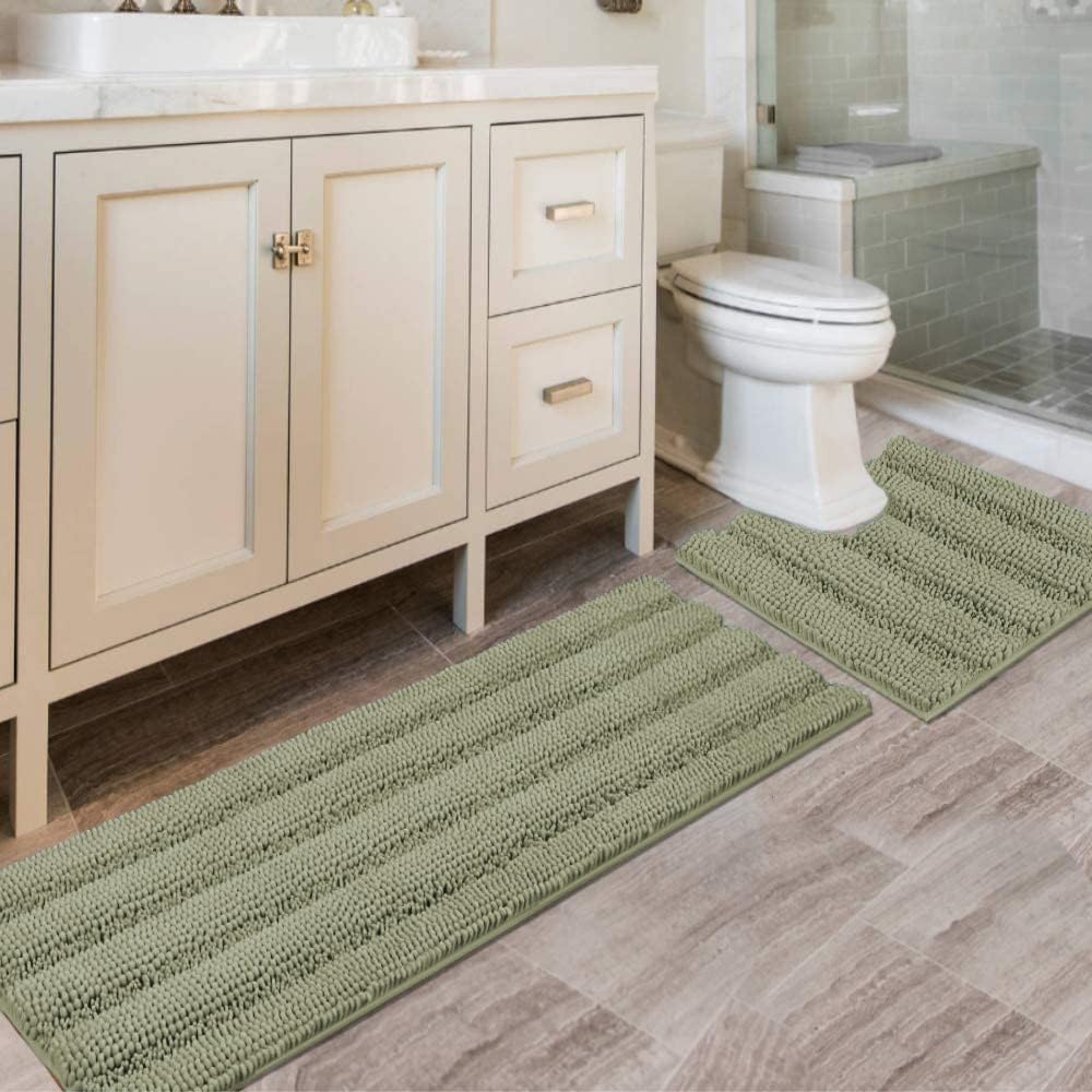H.VERSAILTEX Sage Bathroom Rugs, Bath Mat Set of 2 Extra Thick Chenille Striped Pattern Shaggy Bath Rugs for Bath Room, Non Skid Bath Mats for Bathroom Floor (32 x 20 Plus 24 x 17 - Inches)