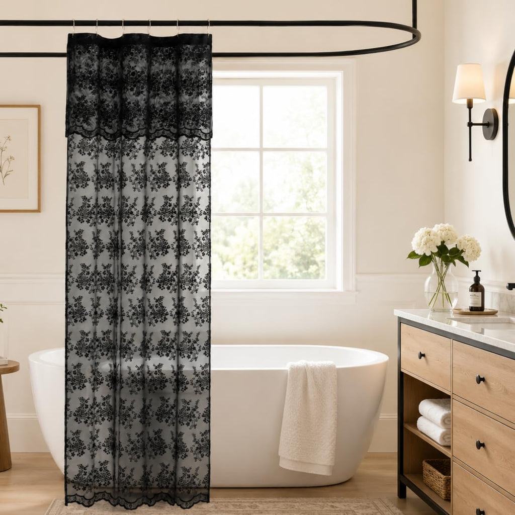 TUDECO White Lace Shower Curtain with Attached Valance 72 x 72 Inch