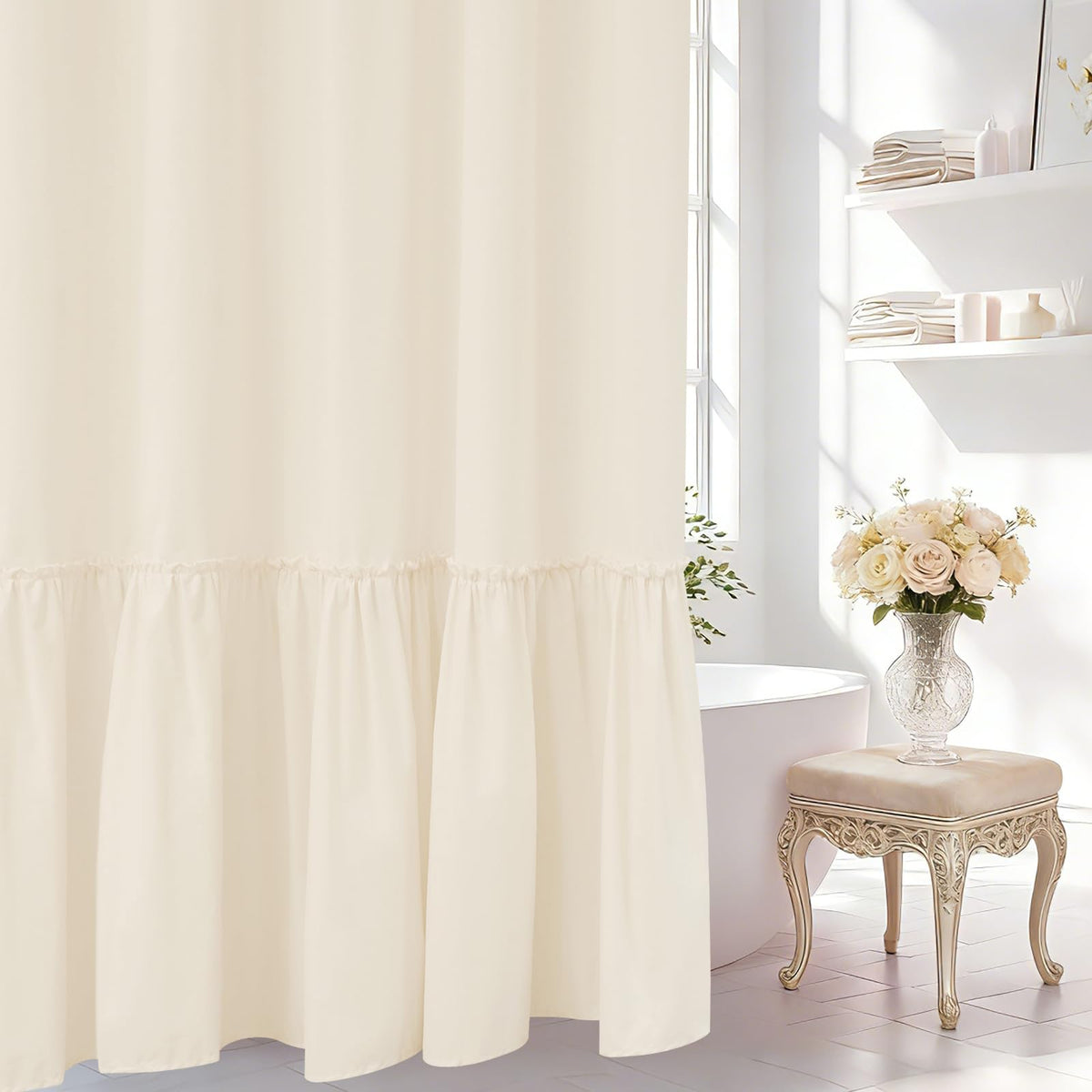 Seenus Baby Pink Ruffle Shower Curtain with Waterproof TPU Backed, Soft Microfiber Lovely French Ruched Shower Curtain, 72 x 72 Inch Bathroom 2 in 1 Washable Fabric Shower Curtain with TPU Lining