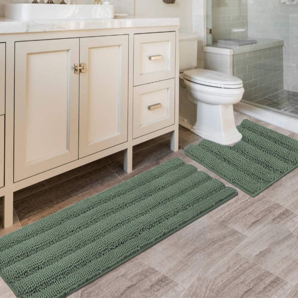 H.VERSAILTEX Sage Bathroom Rugs, Bath Mat Set of 2 Extra Thick Chenille Striped Pattern Shaggy Bath Rugs for Bath Room, Non Skid Bath Mats for Bathroom Floor (32 x 20 Plus 24 x 17 - Inches)