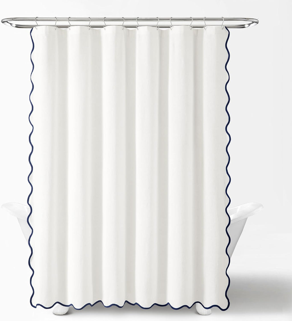 Lush Decor Coastal Chic Scallop Edge Linen-Textured Shower Curtain, Single 72" W x 72" L, Navy & White - Scalloped Shower Curtains - Coastal Bathroom Curtain