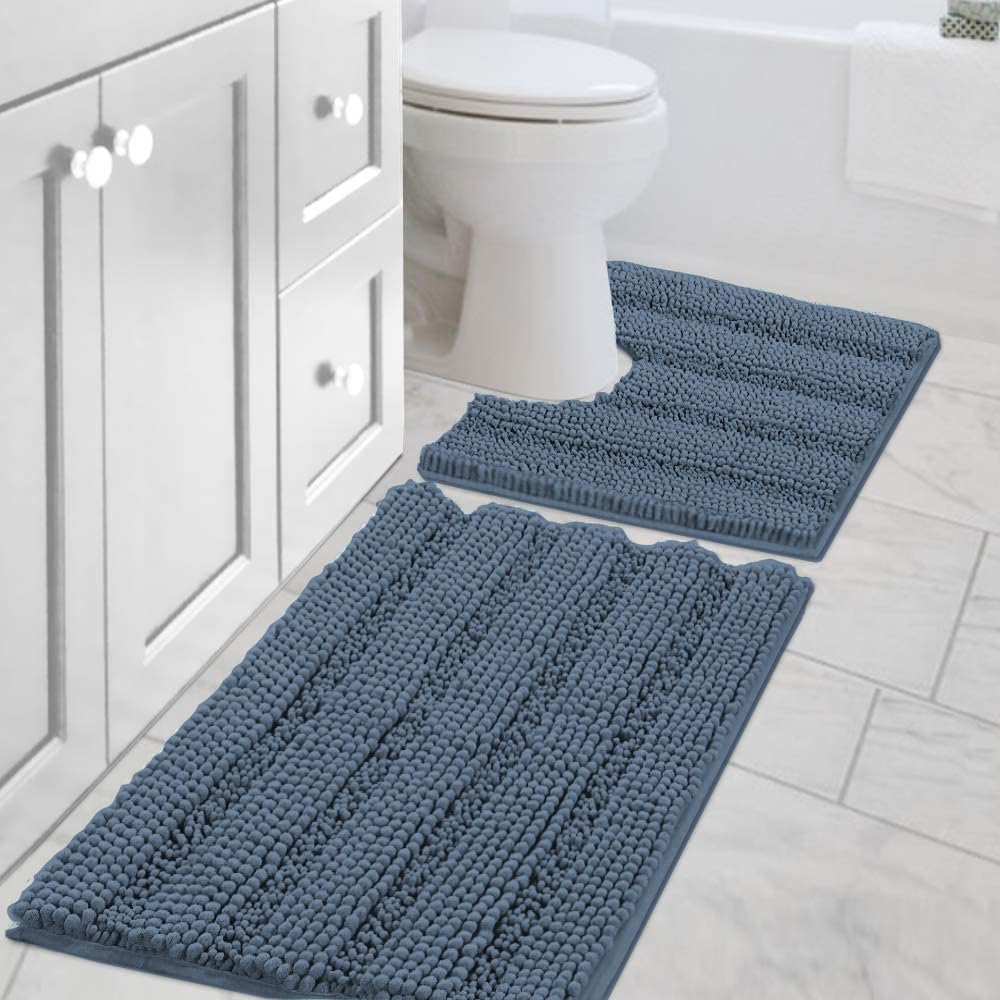 H.VERSAILTEX Sage Bathroom Rugs, Bath Mat Set of 2 Extra Thick Chenille Striped Pattern Shaggy Bath Rugs for Bath Room, Non Skid Bath Mats for Bathroom Floor (32 x 20 Plus 24 x 17 - Inches)