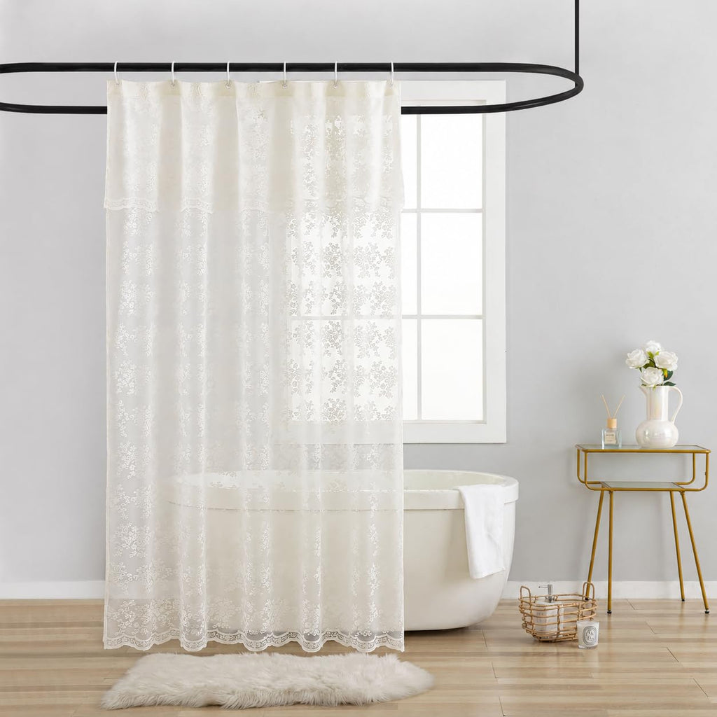 TUDECO White Lace Shower Curtain with Attached Valance 72 x 72 Inch