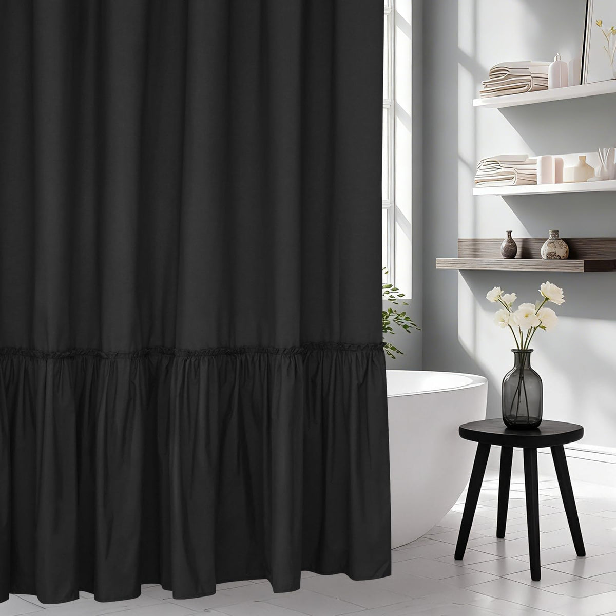 Seenus Baby Pink Ruffle Shower Curtain with Waterproof TPU Backed, Soft Microfiber Lovely French Ruched Shower Curtain, 72 x 72 Inch Bathroom 2 in 1 Washable Fabric Shower Curtain with TPU Lining