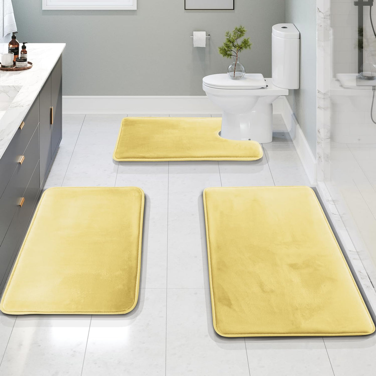 Clara Clark 3 Piece Bathroom Rugs Bath Mat Set, Velvet Memory Foam Bath Mats for Bathroom - Non-Slip, PVC Backing Bath Rugs, Washable - Dries Quickly, Green