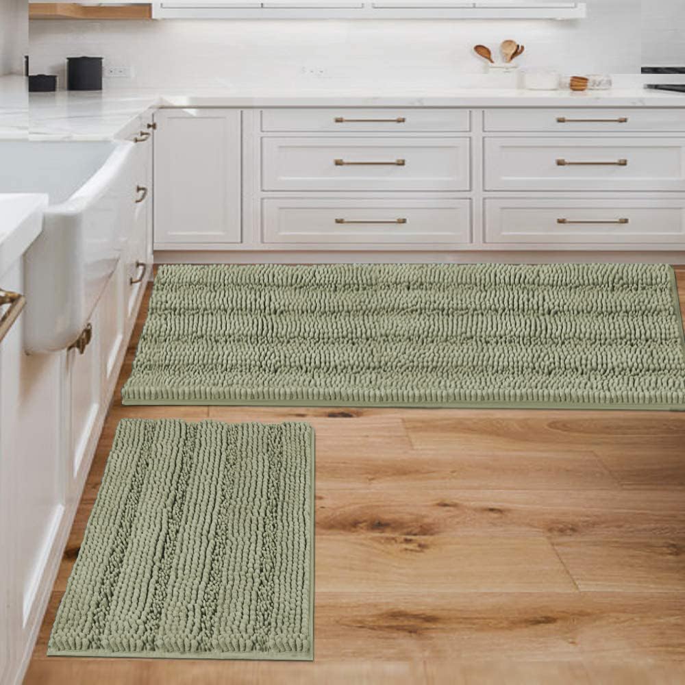 H.VERSAILTEX Sage Bathroom Rugs, Bath Mat Set of 2 Extra Thick Chenille Striped Pattern Shaggy Bath Rugs for Bath Room, Non Skid Bath Mats for Bathroom Floor (32 x 20 Plus 24 x 17 - Inches)