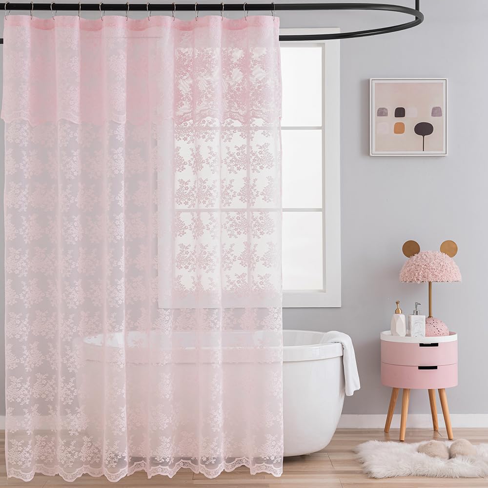 TUDECO White Lace Shower Curtain with Attached Valance 72 x 72 Inch