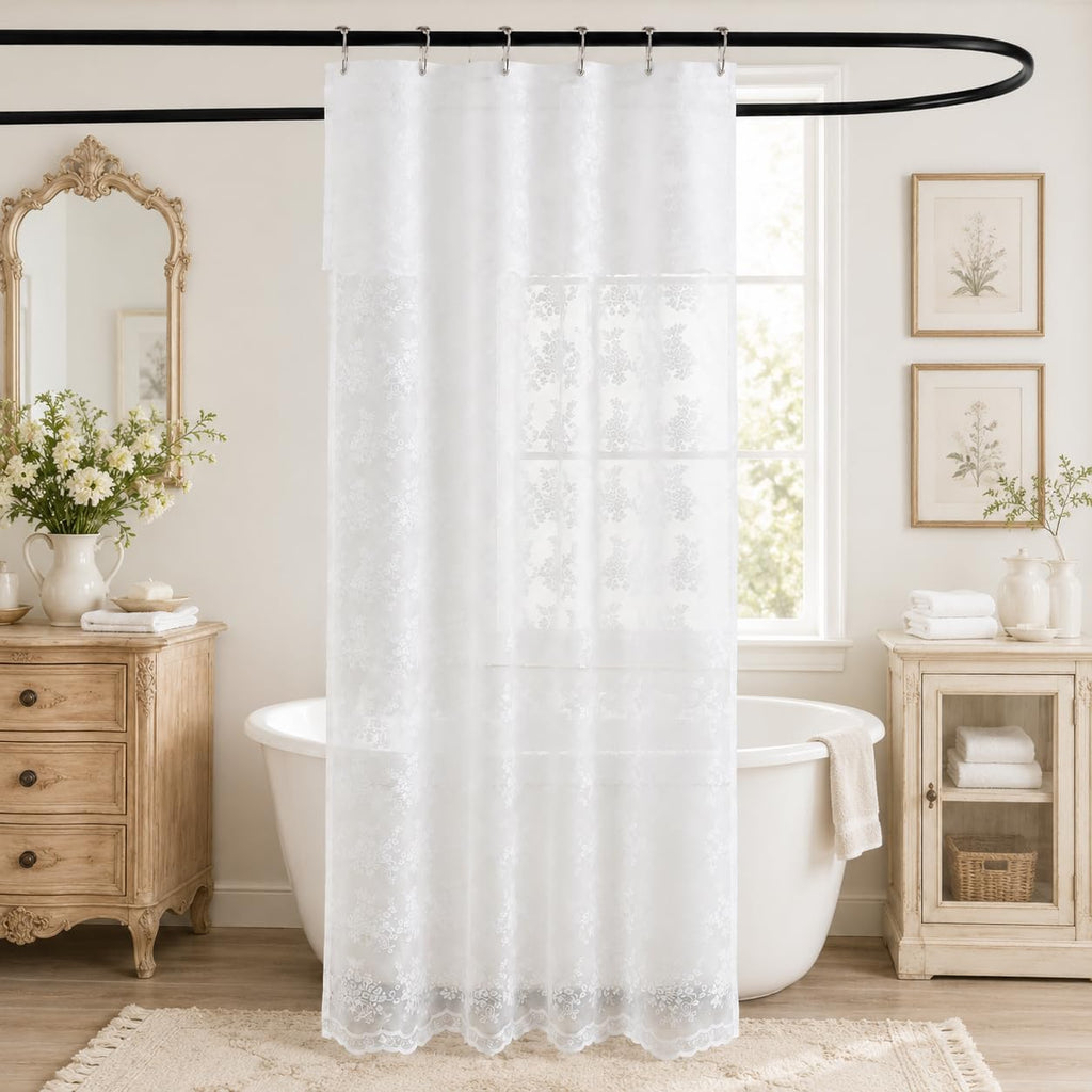 TUDECO White Lace Shower Curtain with Attached Valance 72 x 72 Inch