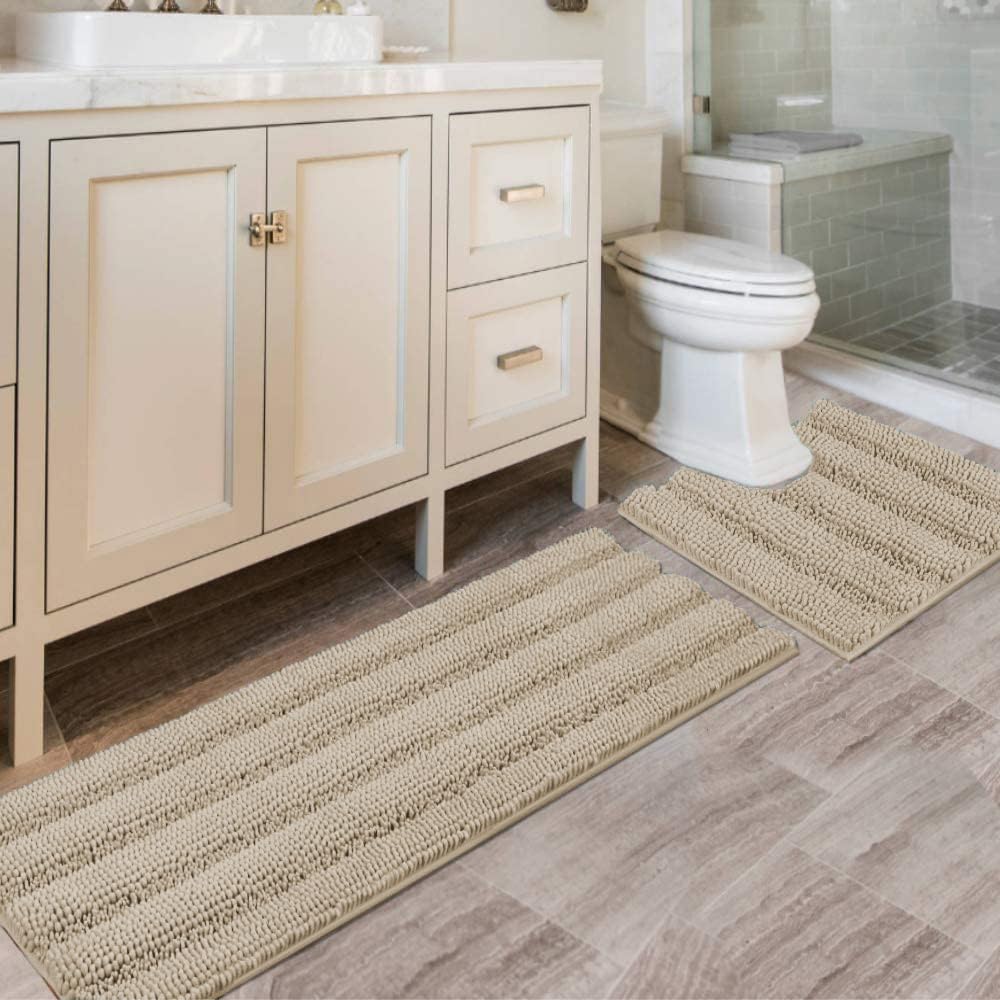 H.VERSAILTEX Sage Bathroom Rugs, Bath Mat Set of 2 Extra Thick Chenille Striped Pattern Shaggy Bath Rugs for Bath Room, Non Skid Bath Mats for Bathroom Floor (32 x 20 Plus 24 x 17 - Inches)