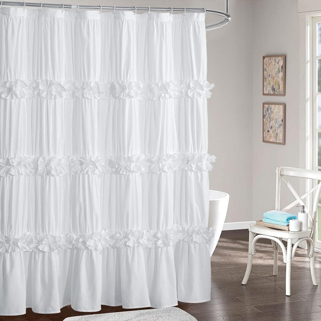 Homechoice Decor Victorian White Ruffle Shower Curtain with 12 Buttonholes