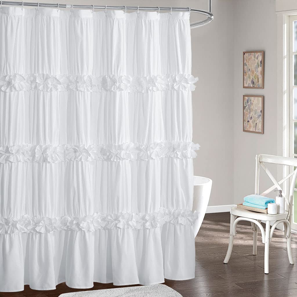 Homechoice Decor Victorian White Ruffle Shower Curtain with 12 Buttonholes