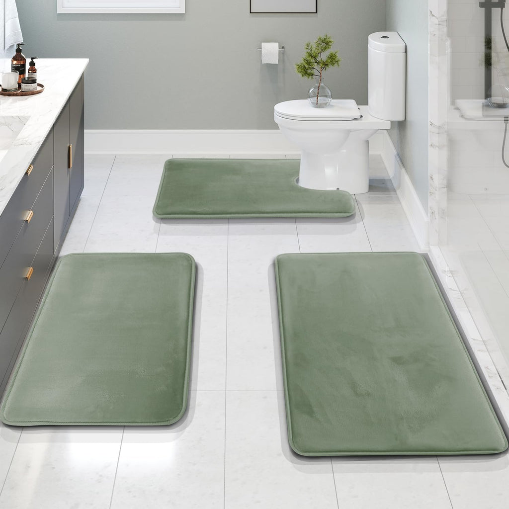 Clara Clark 3 Piece Bathroom Rugs Bath Mat Set, Velvet Memory Foam Bath Mats for Bathroom - Non-Slip, PVC Backing Bath Rugs, Washable - Dries Quickly, Green