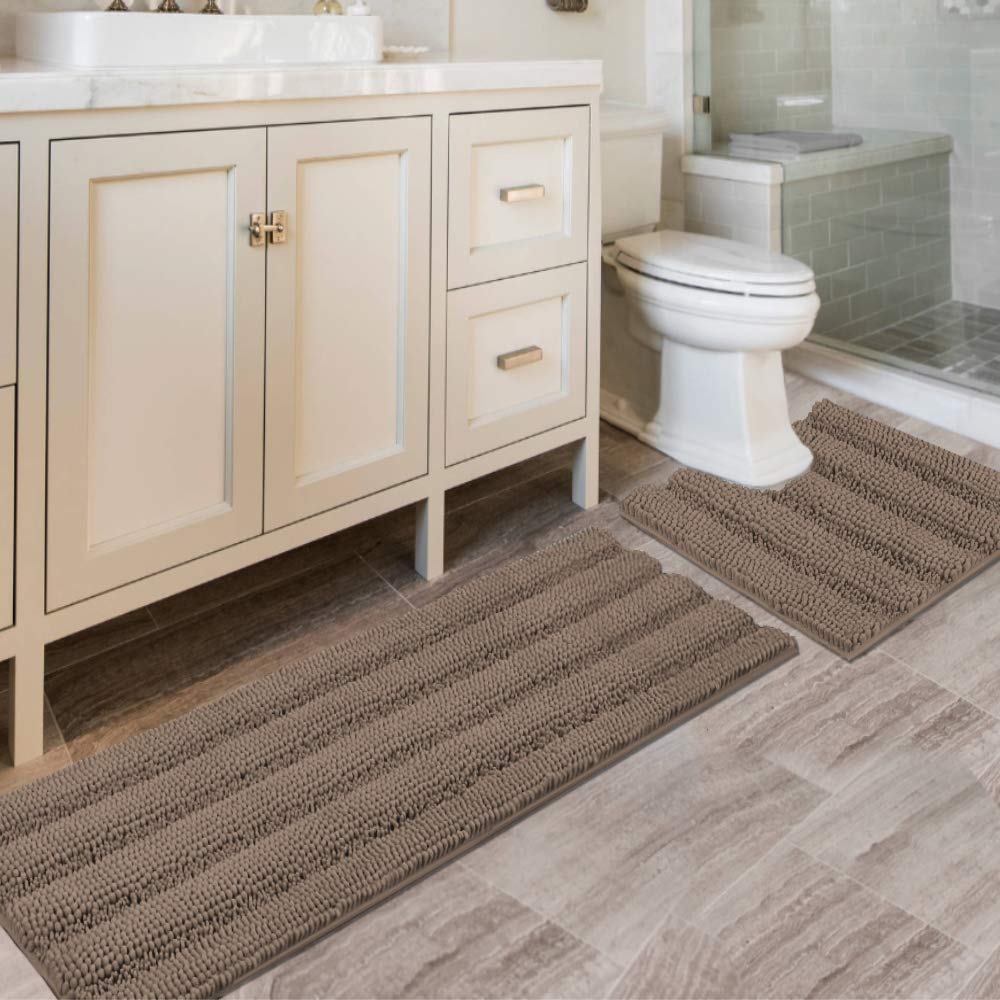 H.VERSAILTEX Sage Bathroom Rugs, Bath Mat Set of 2 Extra Thick Chenille Striped Pattern Shaggy Bath Rugs for Bath Room, Non Skid Bath Mats for Bathroom Floor (32 x 20 Plus 24 x 17 - Inches)