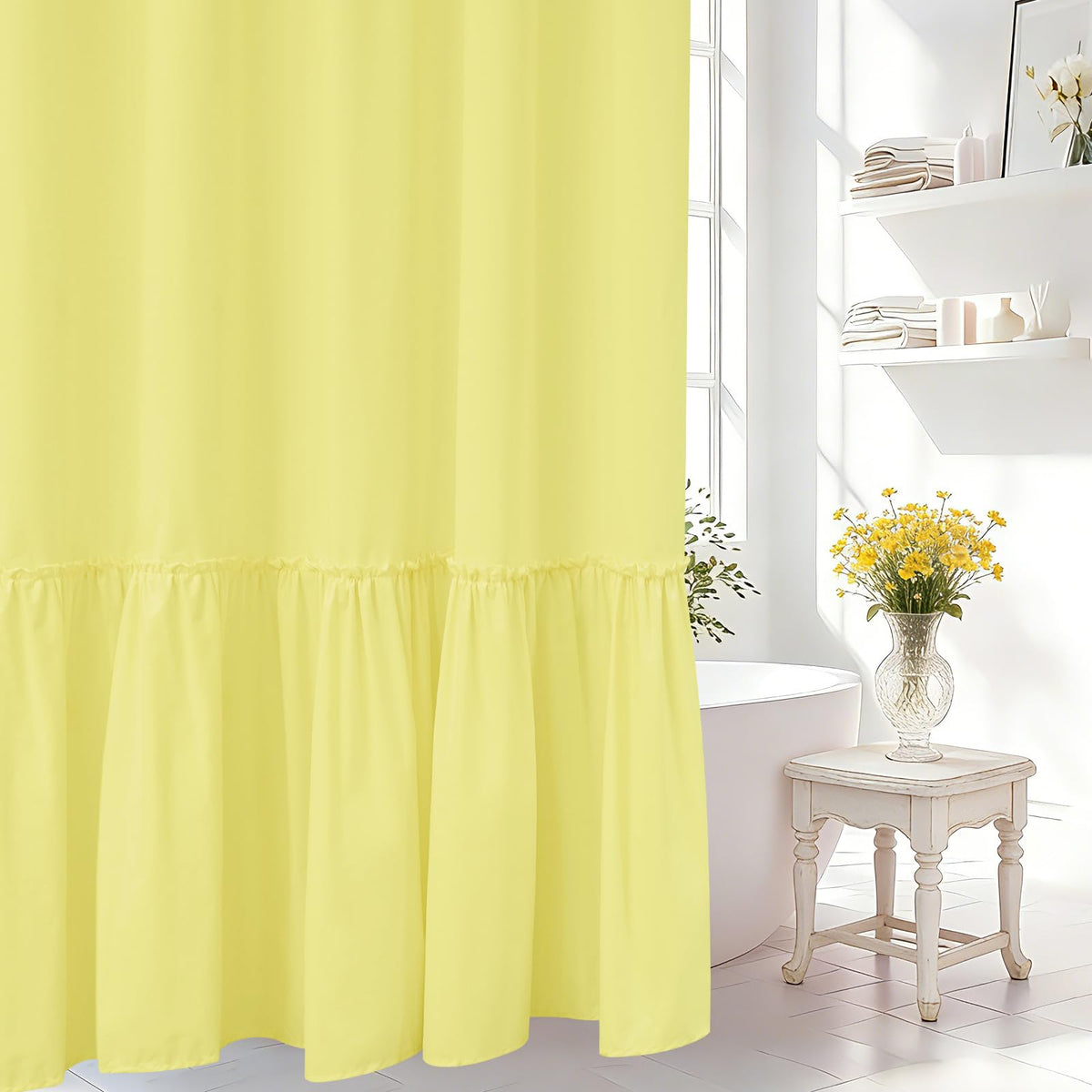 Seenus Baby Pink Ruffle Shower Curtain with Waterproof TPU Backed, Soft Microfiber Lovely French Ruched Shower Curtain, 72 x 72 Inch Bathroom 2 in 1 Washable Fabric Shower Curtain with TPU Lining