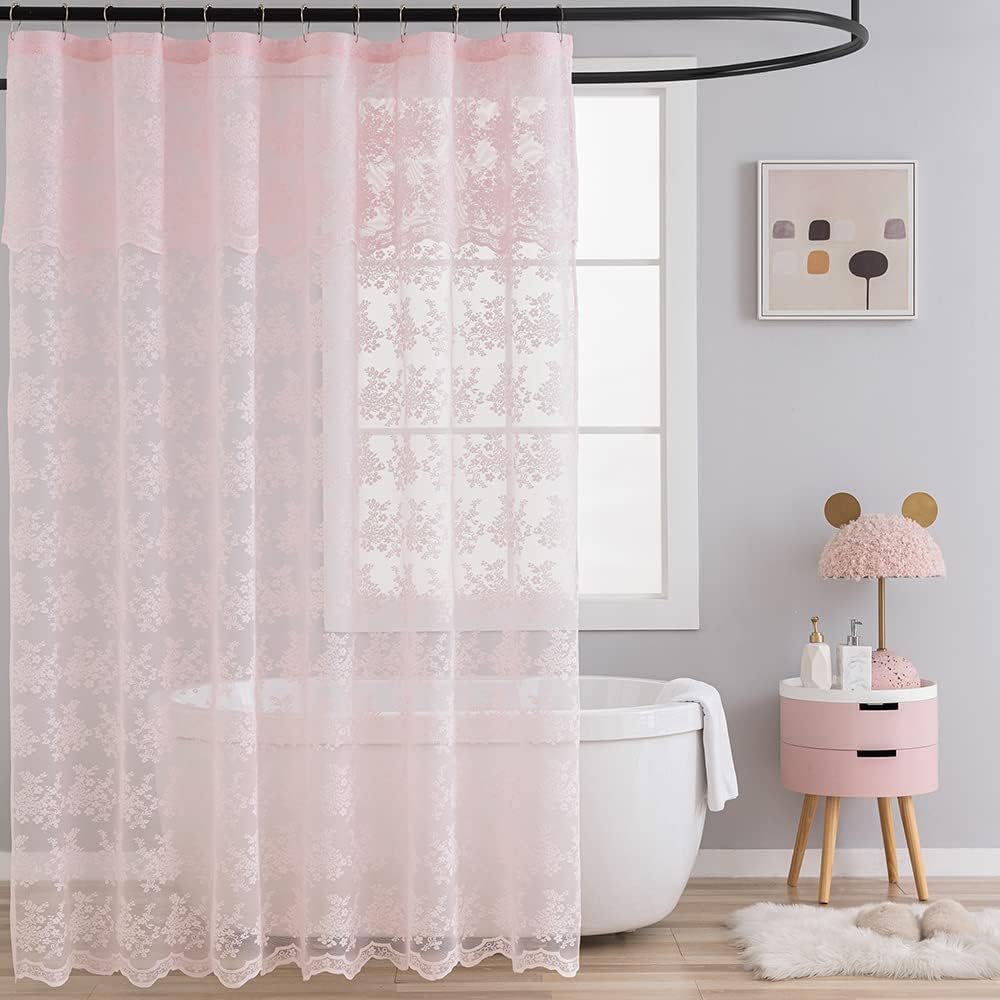 TUDECO White Lace Shower Curtain with Attached Valance 72 x 72 Inch