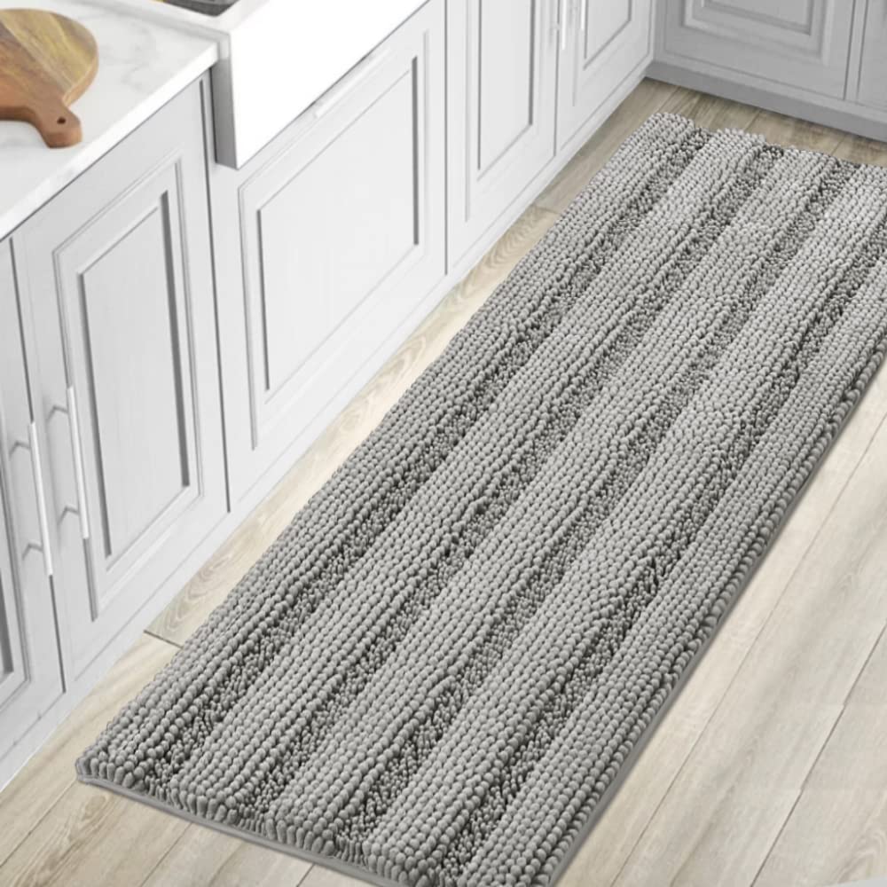 H.VERSAILTEX Sage Bathroom Rugs, Bath Mat Set of 2 Extra Thick Chenille Striped Pattern Shaggy Bath Rugs for Bath Room, Non Skid Bath Mats for Bathroom Floor (32 x 20 Plus 24 x 17 - Inches)