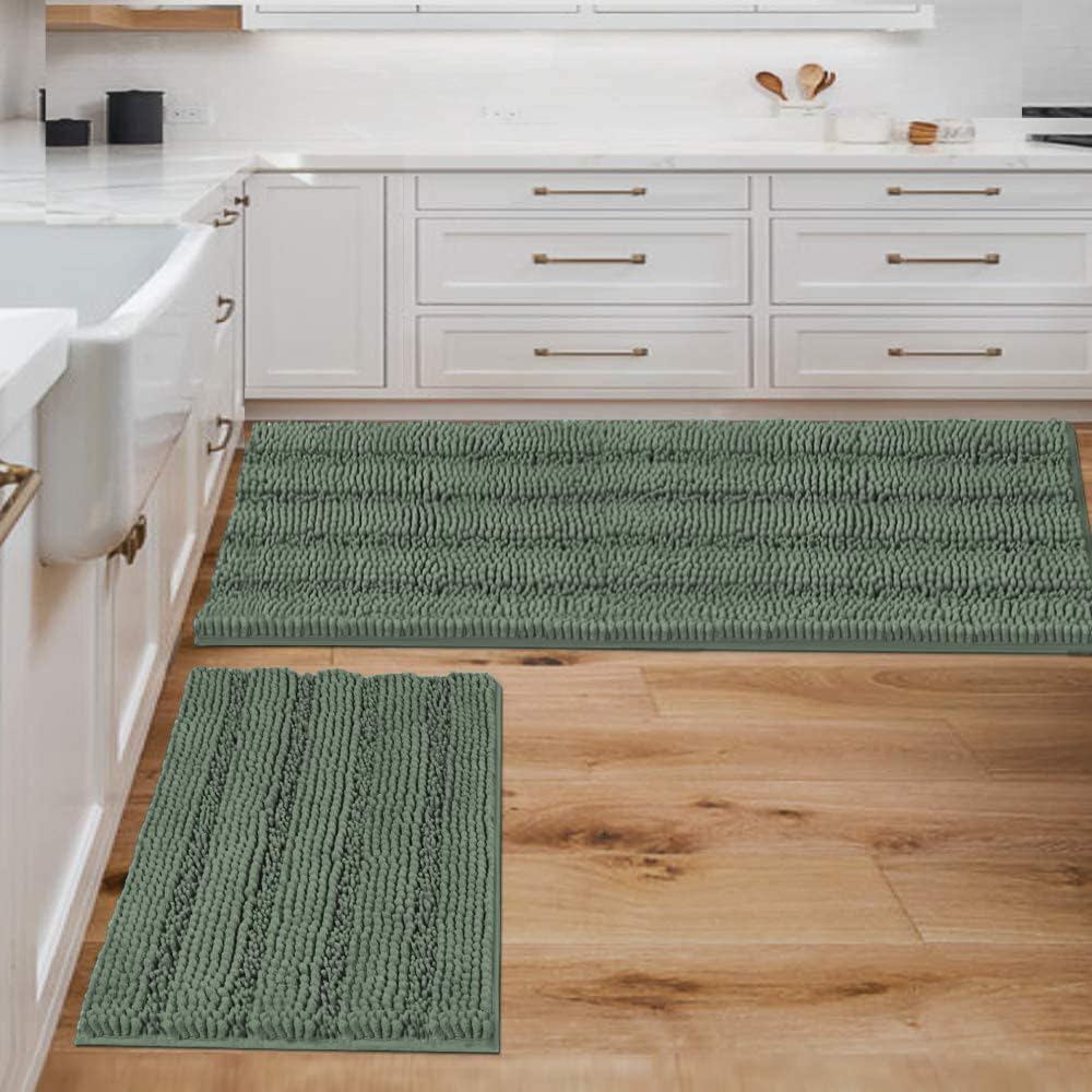 H.VERSAILTEX Sage Bathroom Rugs, Bath Mat Set of 2 Extra Thick Chenille Striped Pattern Shaggy Bath Rugs for Bath Room, Non Skid Bath Mats for Bathroom Floor (32 x 20 Plus 24 x 17 - Inches)