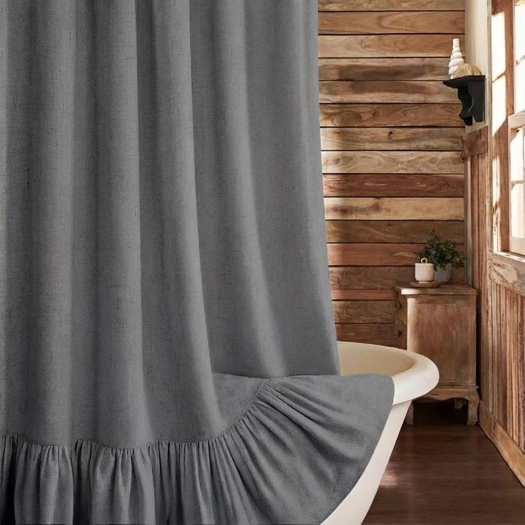 Farmhouse Shower Curtain Ruffle Linen Cream-Beige Stripe 72"W x 72"L