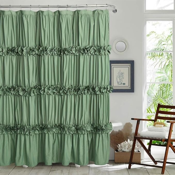 Homechoice Decor Victorian White Ruffle Shower Curtain with 12 Buttonholes