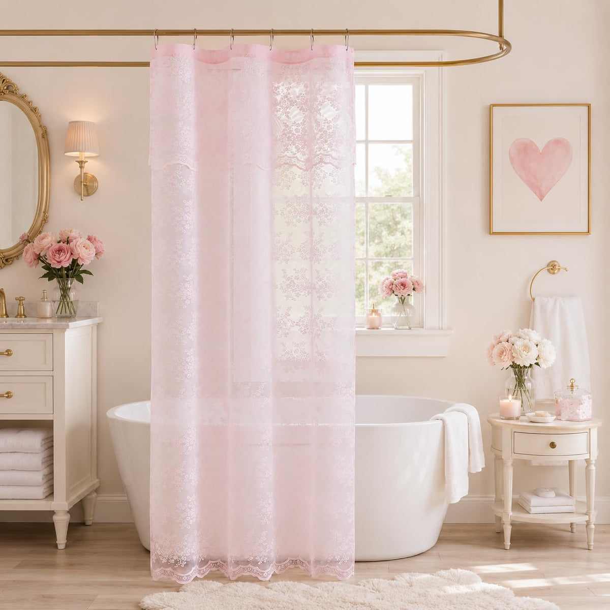 TUDECO White Lace Shower Curtain with Attached Valance 72 x 72 Inch