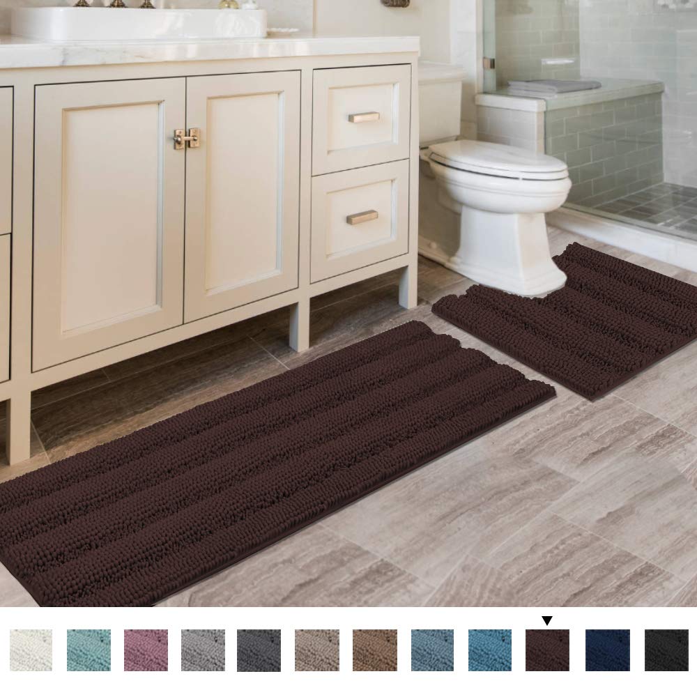 H.VERSAILTEX Sage Bathroom Rugs, Bath Mat Set of 2 Extra Thick Chenille Striped Pattern Shaggy Bath Rugs for Bath Room, Non Skid Bath Mats for Bathroom Floor (32 x 20 Plus 24 x 17 - Inches)