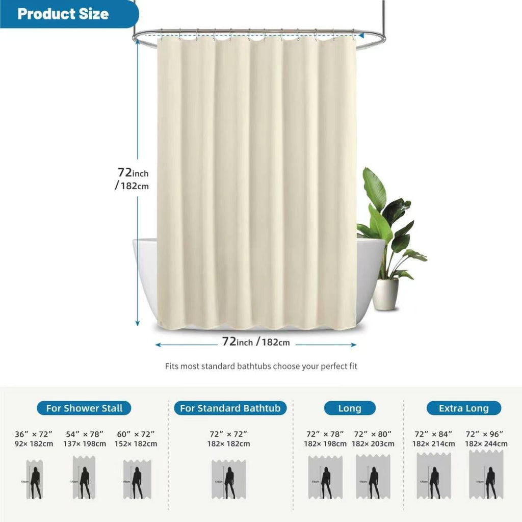 2-in-1 Waterproof Textured Fabric Shower Curtain, 72W x 72L, Cream