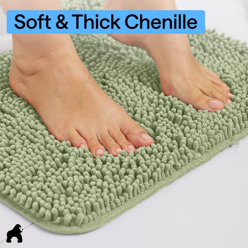 GORILLA GRIP Bath Rug Mat for Bathroom, Absorbent Chenille 24x17 Sage Green