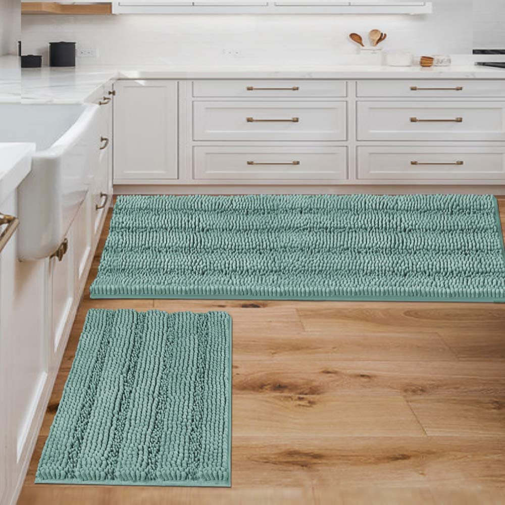 H.VERSAILTEX Sage Bathroom Rugs, Bath Mat Set of 2 Extra Thick Chenille Striped Pattern Shaggy Bath Rugs for Bath Room, Non Skid Bath Mats for Bathroom Floor (32 x 20 Plus 24 x 17 - Inches)
