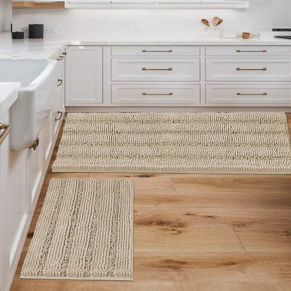 H.VERSAILTEX Sage Bathroom Rugs, Bath Mat Set of 2 Extra Thick Chenille Striped Pattern Shaggy Bath Rugs for Bath Room, Non Skid Bath Mats for Bathroom Floor (32 x 20 Plus 24 x 17 - Inches)