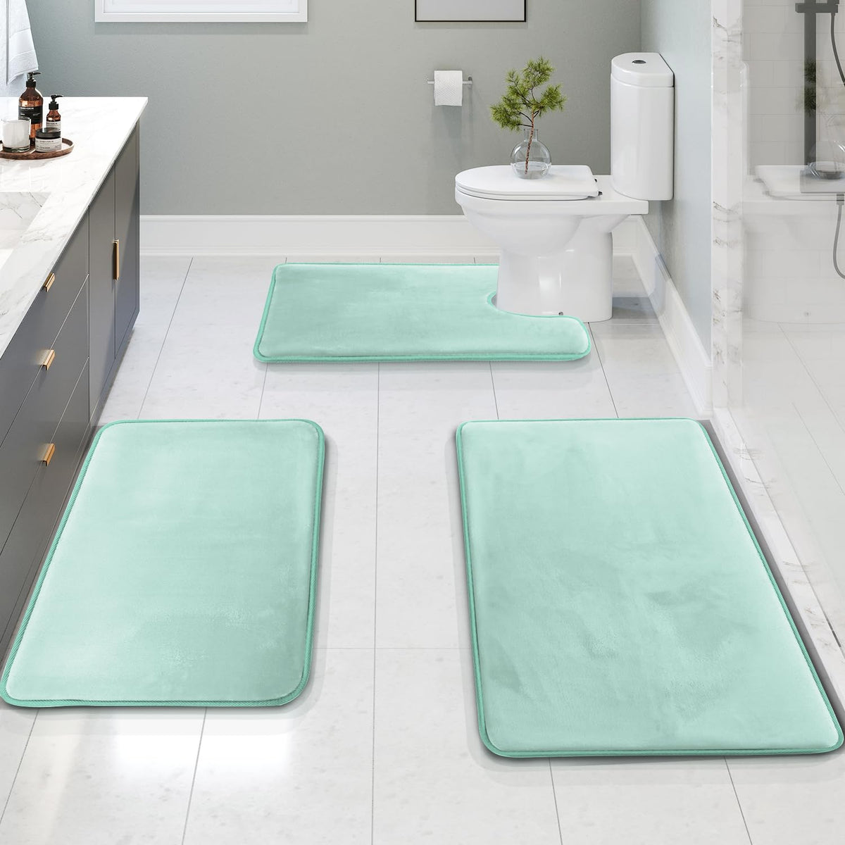 Clara Clark 3 Piece Bathroom Rugs Bath Mat Set, Velvet Memory Foam Bath Mats for Bathroom - Non-Slip, PVC Backing Bath Rugs, Washable - Dries Quickly, Green