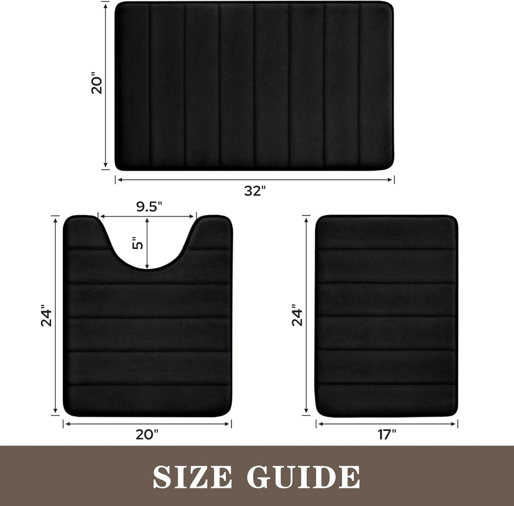 BYSURE Black Memory Foam Bathroom Rug Set 3 Piece 17"x24"+20"x32"+U Shape 20"x24"