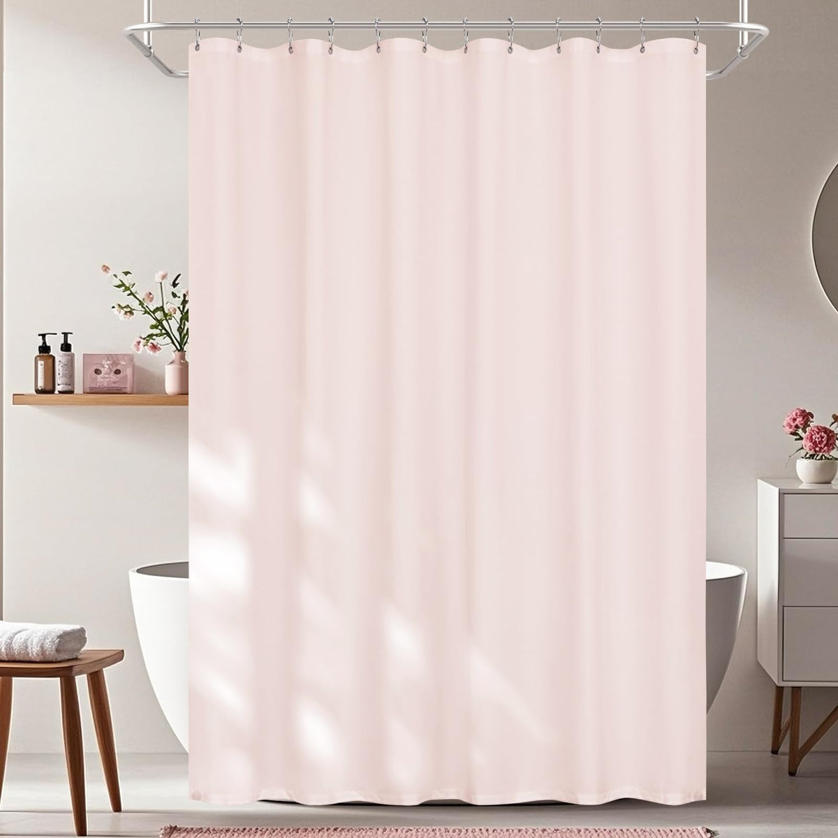 Seenus Baby Pink Ruffle Shower Curtain with Waterproof TPU Backed, Soft Microfiber Lovely French Ruched Shower Curtain, 72 x 72 Inch Bathroom 2 in 1 Washable Fabric Shower Curtain with TPU Lining