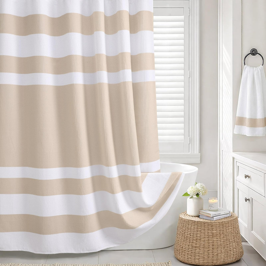 Waffle Weave Shower Curtain Heavyweight Cotton Fabric Beige 72Wx72L