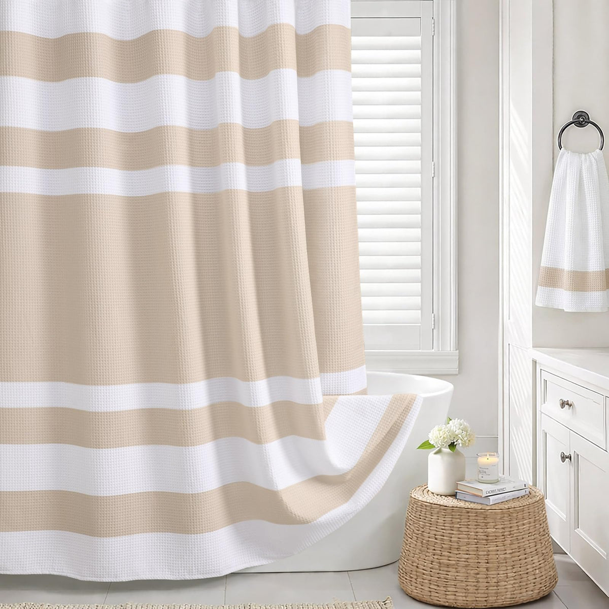 Waffle Weave Shower Curtain Heavyweight Cotton Fabric Beige 72Wx72L