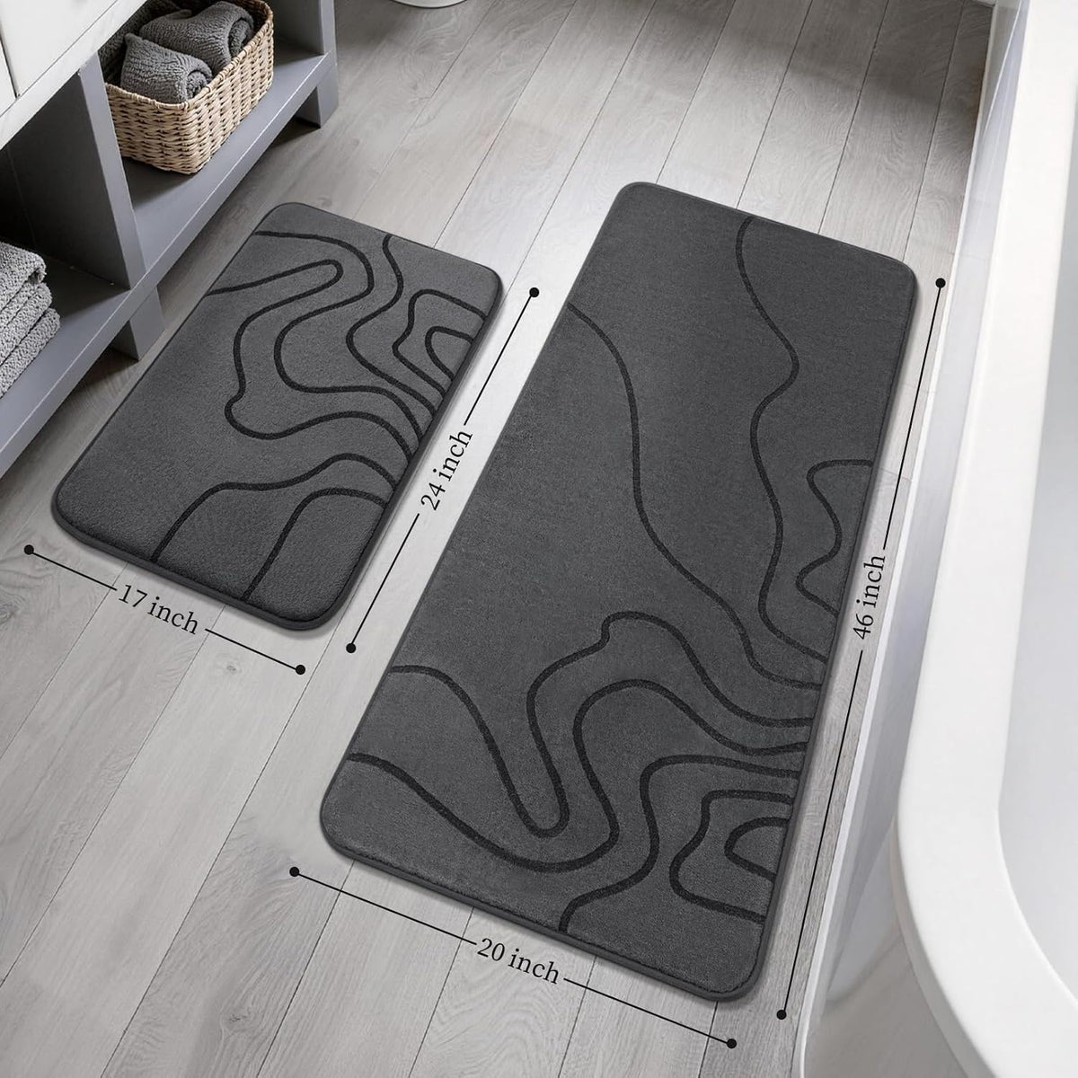 YIHOUSE Memory Foam Bathroom Rugs Sets 2 Piece, 17"x24"+20"x46", Dark Grey