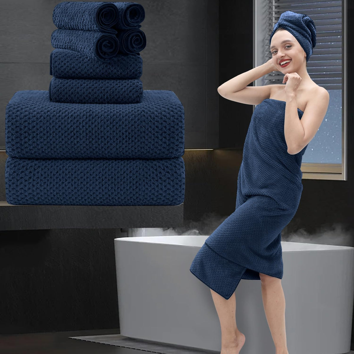 8 Piece Bathroom Towel Set Black White|2 Oversized Large Bath Towels Sheet,2 Hand Towels,4 Washcloths| 600GSM Soft Towel Set for Bathroom Hotel,Highly Absorbent Quick Dry Bath Towel Collections