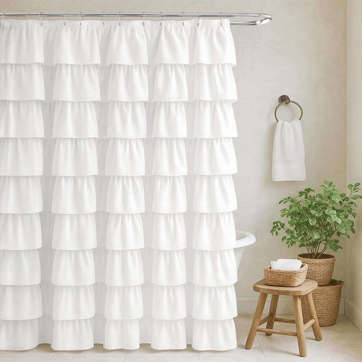 Seasonwood Beige Ruffle Shower Curtain Neutral Shower Curtain 72 x 72