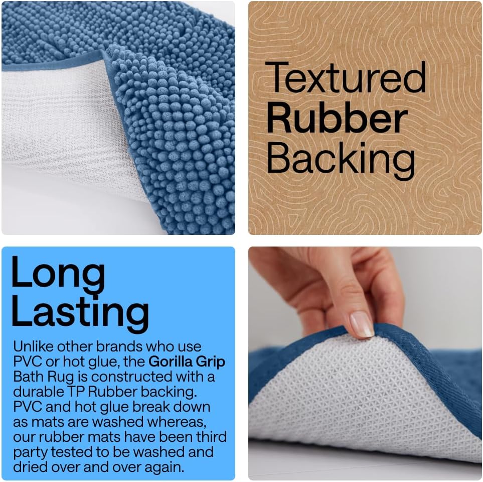 GORILLA GRIP Bath Rug Mat for Bathroom, Absorbent Chenille, 24x17 Blue
