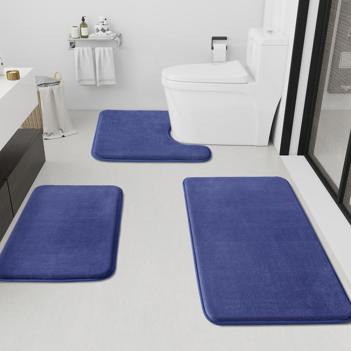 HUXMEYSON Bathroom Rugs Sets 2 Piece, Non-Slip & Quick Dry Bath Mat Set, Ultra Soft Velvet Bath Rugs for Bathroom, Toilet and Shower Floor, Navy