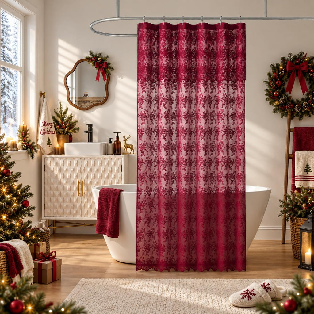 TUDECO White Lace Shower Curtain with Attached Valance 72 x 72 Inch