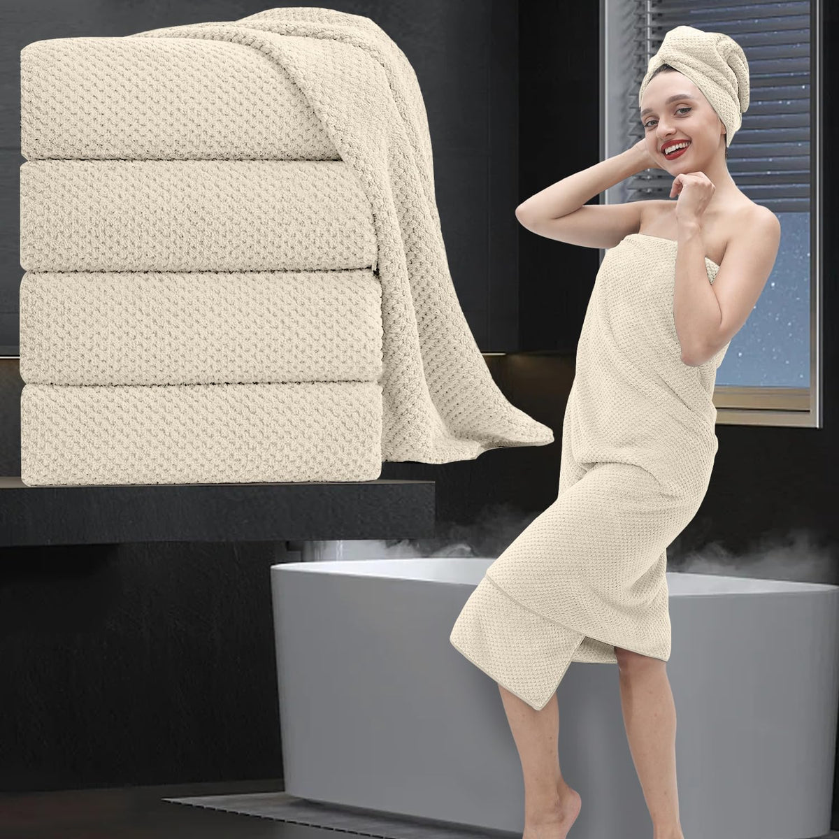8 Piece Bathroom Towel Set Black White|2 Oversized Large Bath Towels Sheet,2 Hand Towels,4 Washcloths| 600GSM Soft Towel Set for Bathroom Hotel,Highly Absorbent Quick Dry Bath Towel Collections