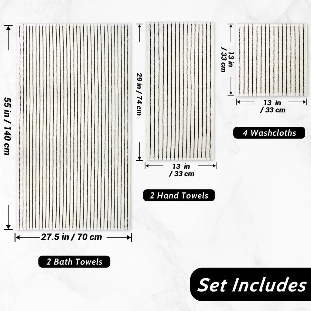 8 Piece Black and Ivory Towel Set, Super Soft & Absorbent Cotton Striped