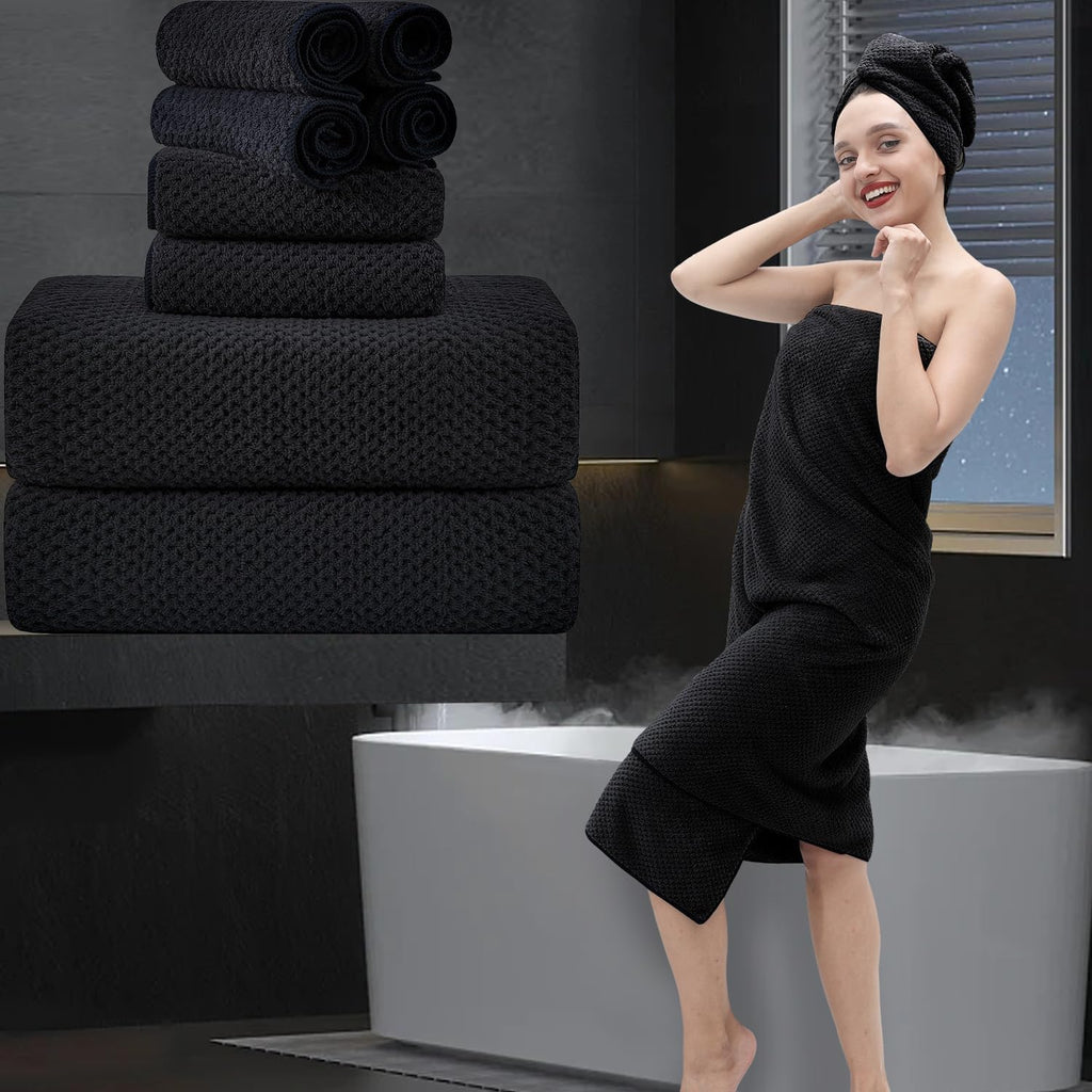 8 Piece Bathroom Towel Set Black White|2 Oversized Large Bath Towels Sheet,2 Hand Towels,4 Washcloths| 600GSM Soft Towel Set for Bathroom Hotel,Highly Absorbent Quick Dry Bath Towel Collections